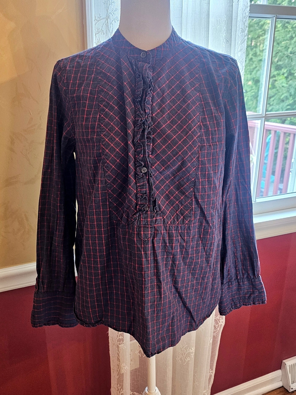 J. Crew Navy and Red Plaid Ruffle-Front Blouse